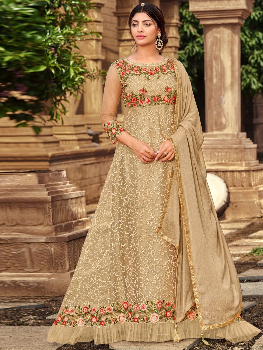 Beige Net Wedding Gown Anarkali Dress - Inddus.com