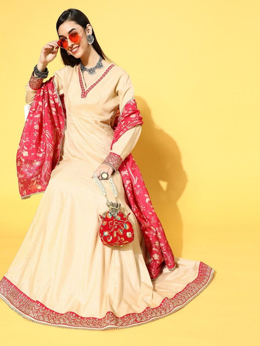 Beige Party Wear Kurta with Dupatta - Inddus.com