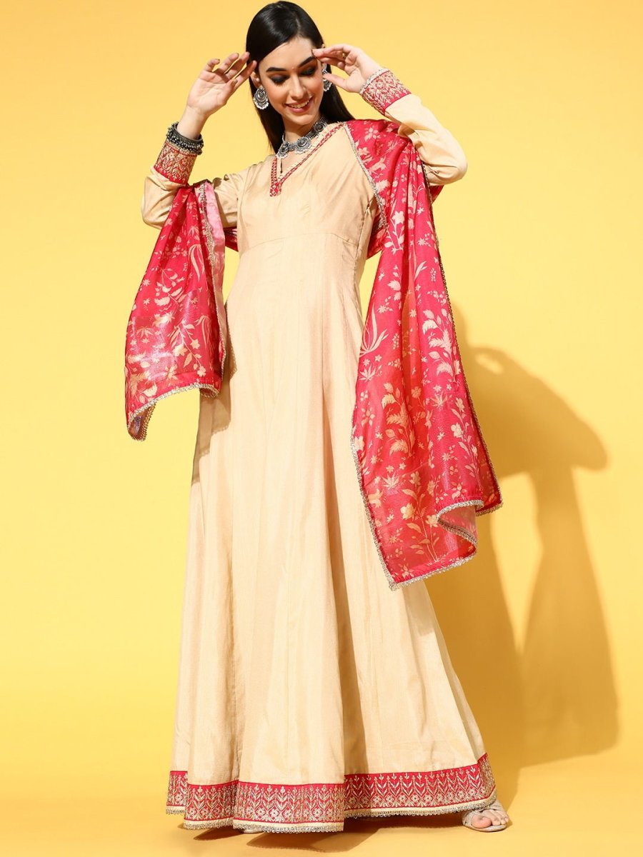 Beige Party Wear Kurta with Dupatta - Inddus.com