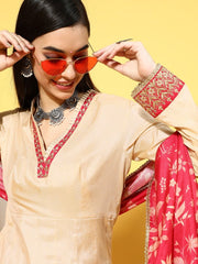 Beige Party Wear Kurta with Dupatta - Inddus.com