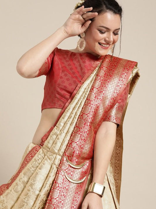 Beige & Red Silk Blend Woven Design Saree - Inddus.com