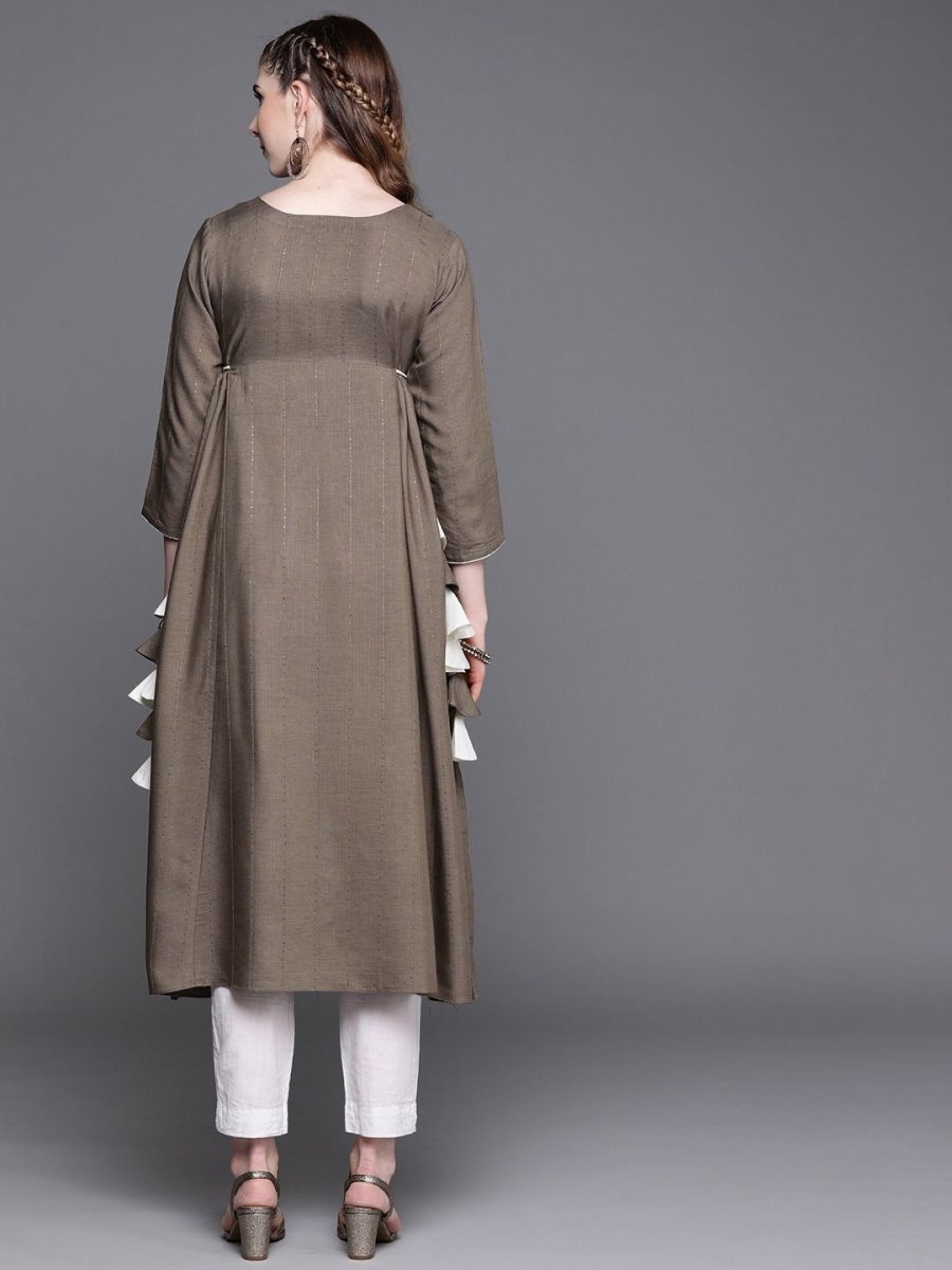 Beige Self Design Sequinned Embroidered Kurta - Inddus.com