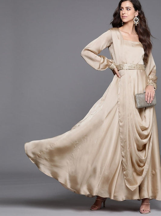 Beige Solid Flared Gown with attached Dupatta and Embroidered Belt - inddus-us