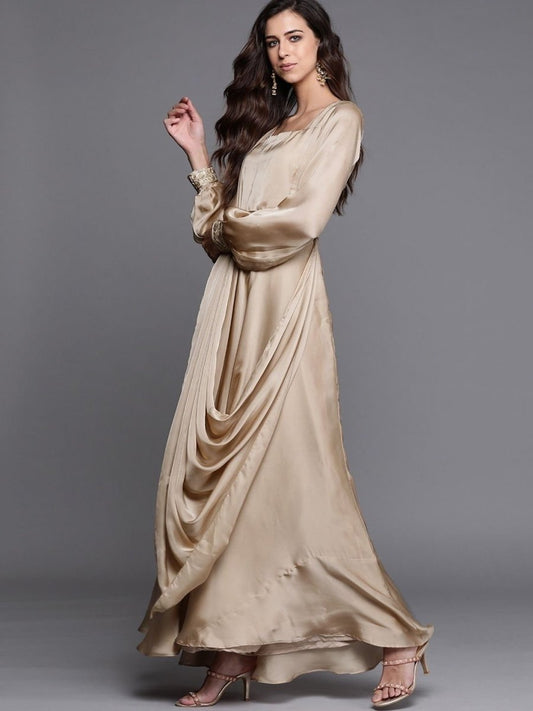 Beige Solid Flared Gown with attached Dupatta and Embroidered Belt - inddus-us