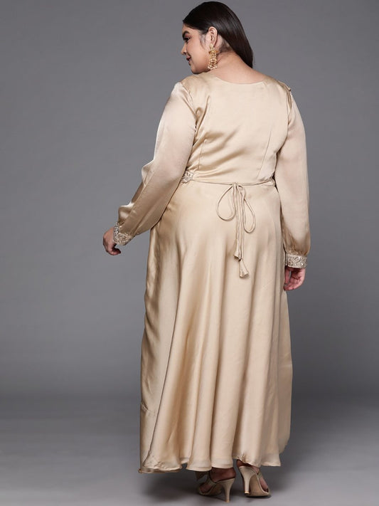 Beige Solid Satin Maxi Gown with Draped Dupatta - Inddus.com