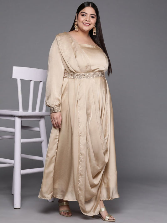 Beige Solid Satin Maxi Gown with Draped Dupatta - Inddus.com