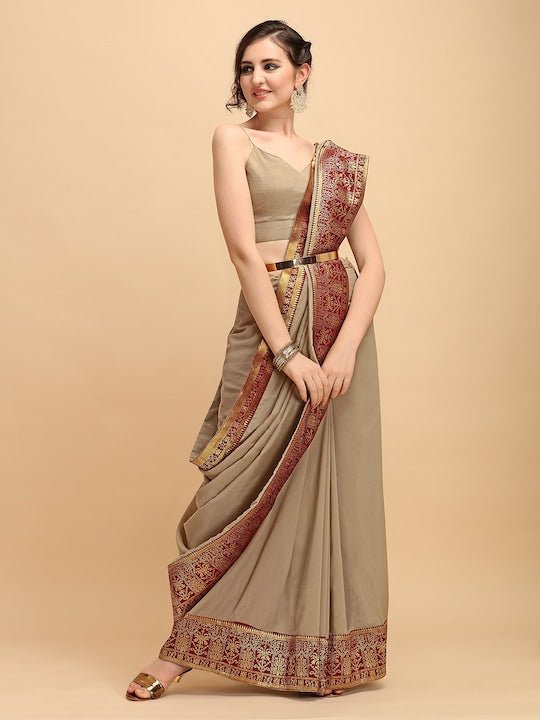 Beige Solid Silk Blend Saree - Inddus.com