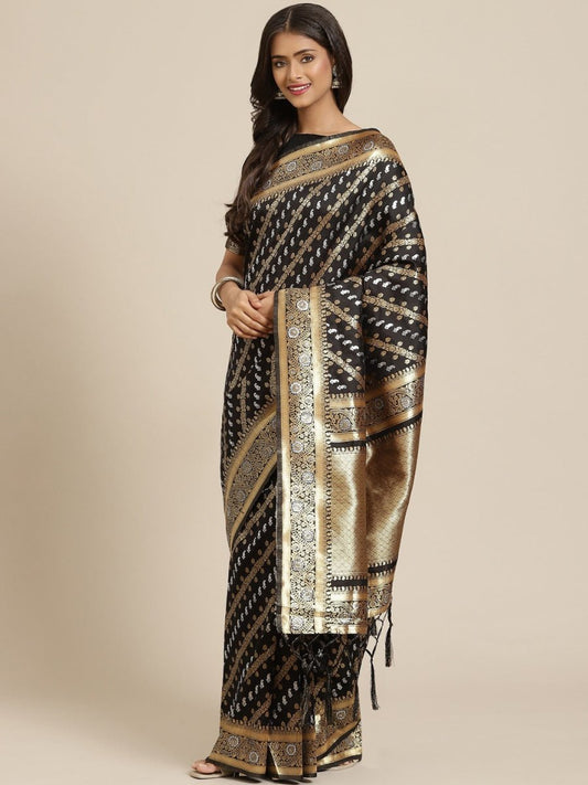 Black and Gold Ethnic Motifs Zari Woven Banarasi Saree - Inddus.com