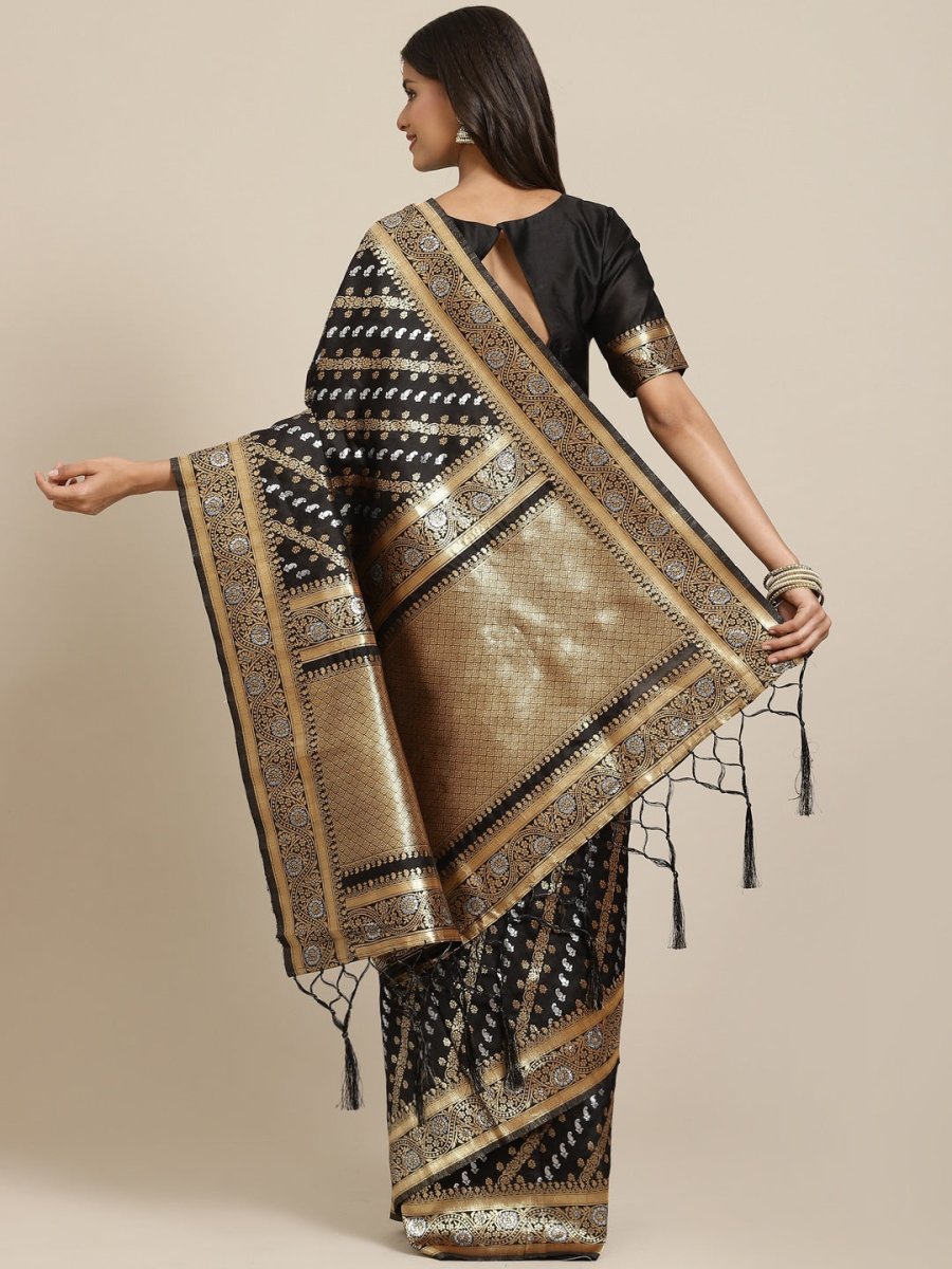 Black and Gold Ethnic Motifs Zari Woven Banarasi Saree - Inddus.com