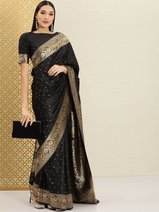 Black and Golden Floral Polka Zari Woven Saree - Inddus.com