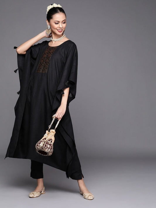 Black and Golden Solid Kaftan Kurta with Pants - inddus-us