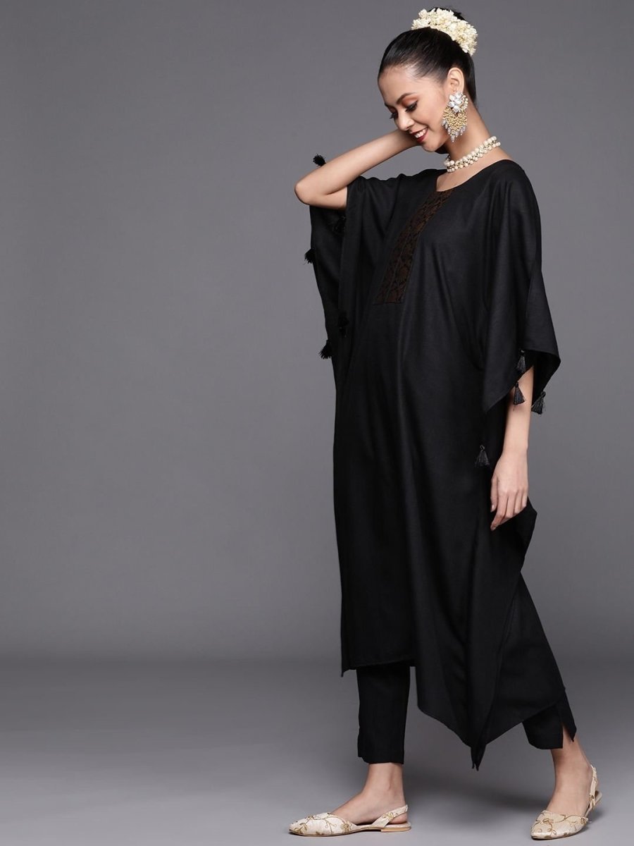 Black and Golden Solid Kaftan Kurta with Pants - inddus-us