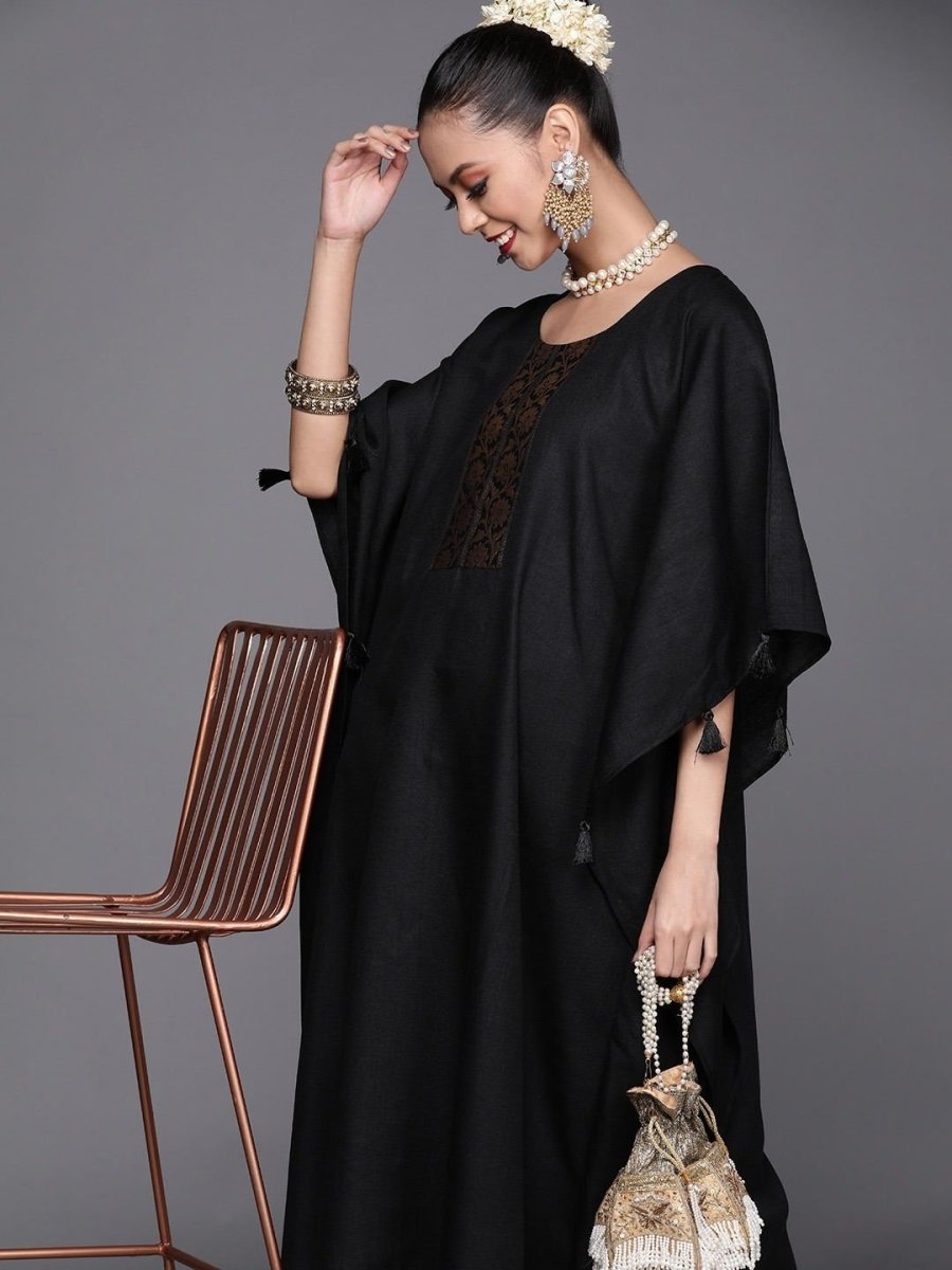 Black and Golden Solid Kaftan Kurta with Pants - inddus-us