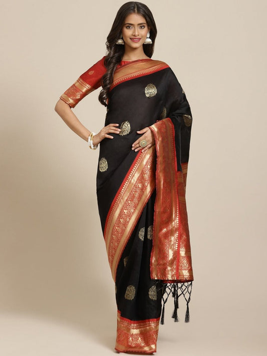 Black and Maroon Ethnic Motifs Zari Woven Banarasi Saree - Inddus.com