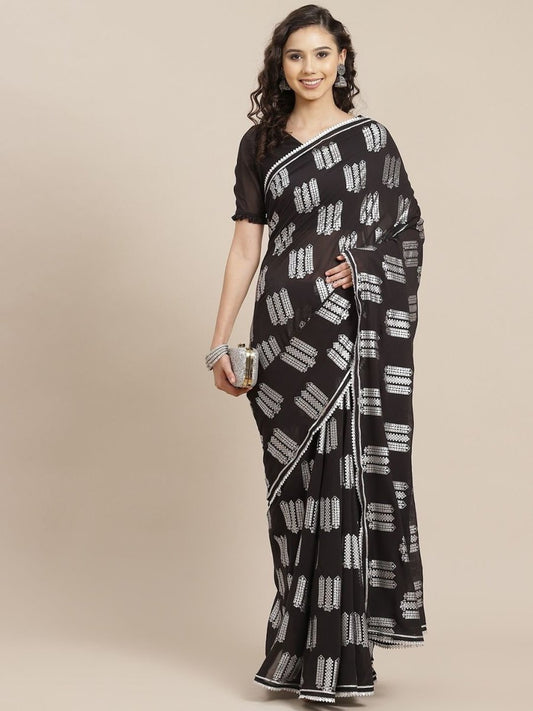 Black and Silver Foil Print Saree - inddus-us