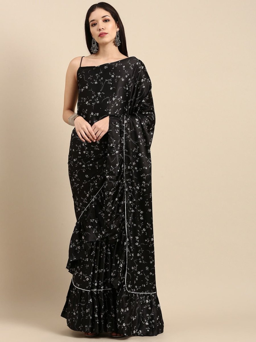 Black and White Floral Print Ruffled Saree - Inddus.com