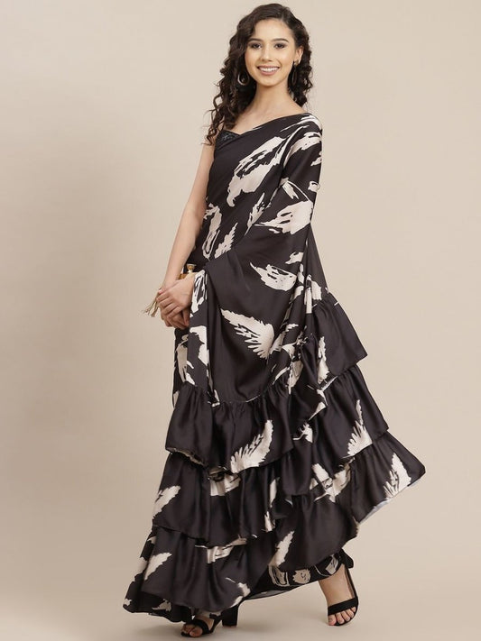 Black Digital Print Ruffled Saree - inddus-us