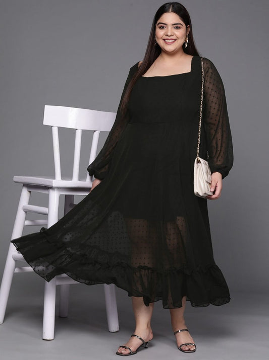 Black Dobby Weave Georgette Ethnic Maxi Dress - Inddus.com