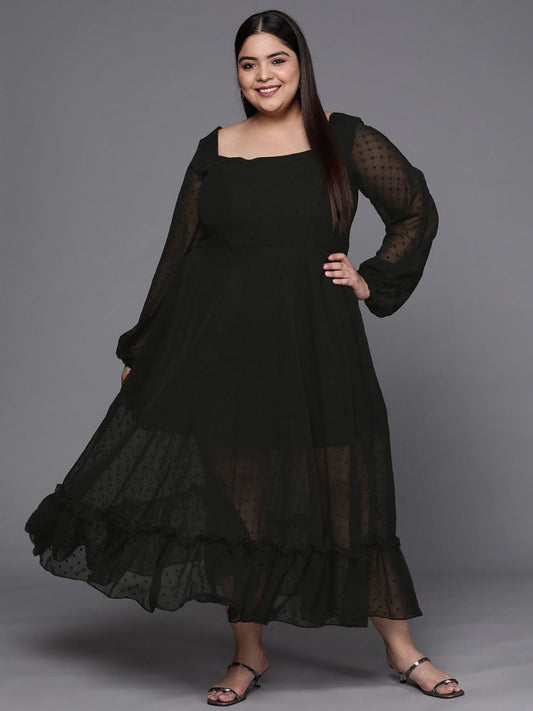 Black Dobby Weave Georgette Ethnic Maxi Dress - Inddus.com