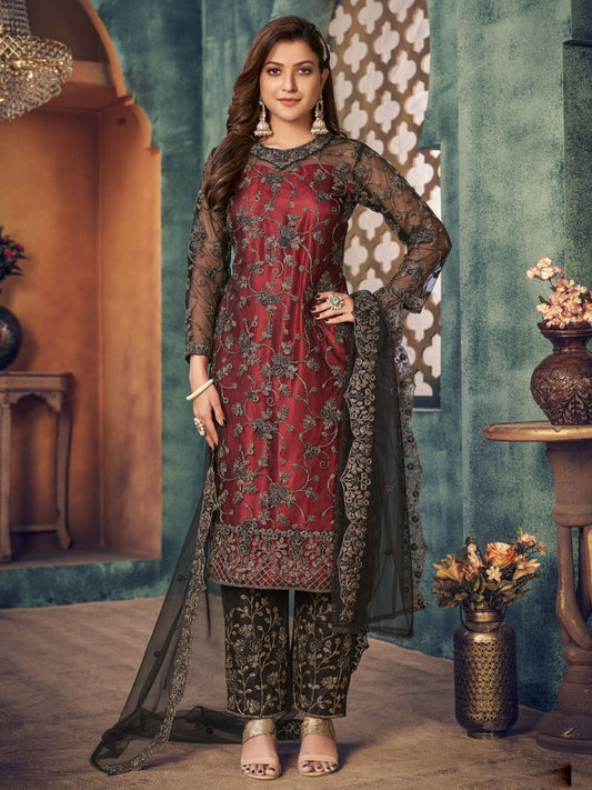 Black Embroidered Festive Wear Straight Cut Suit - Inddus.com