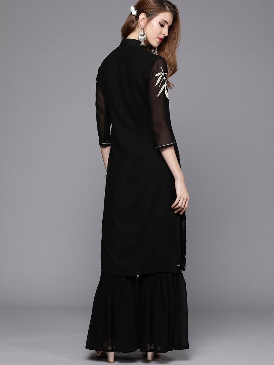 Black Embroidered Kurta with Sharara - inddus-us