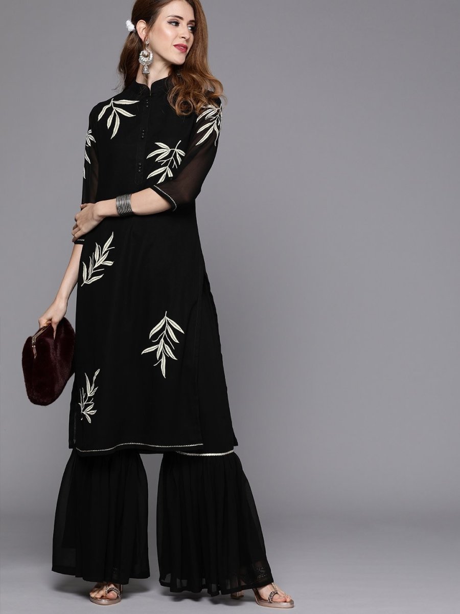 Black Embroidered Kurta with Sharara - inddus-us