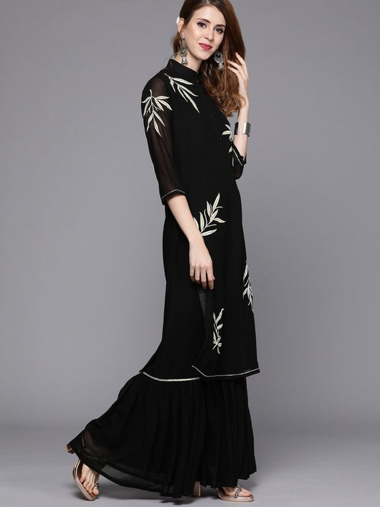 Black Embroidered Kurta with Sharara - inddus-us