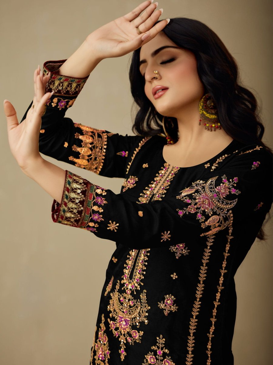 Black Embroidered Partywear Straight-Cut-Suit - Inddus.com