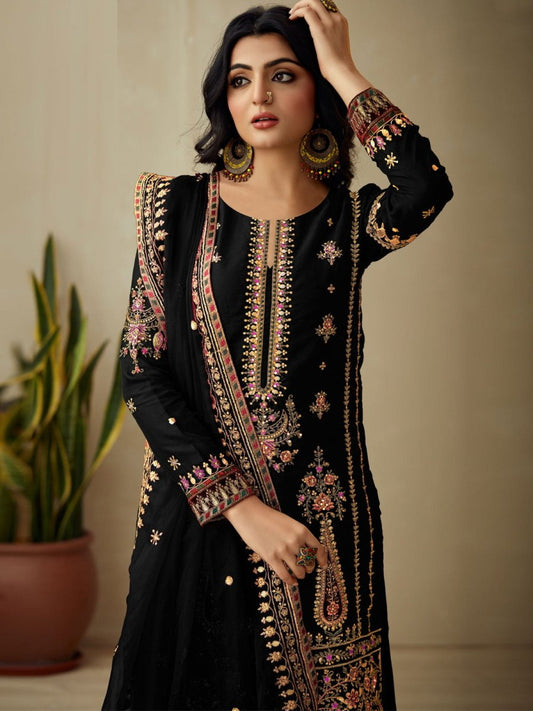 Black Embroidered Partywear Straight-Cut-Suit - Inddus.com