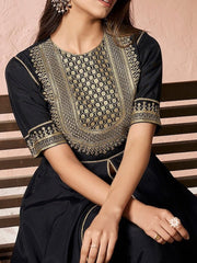 Black Ethnic Motifs Yoke Design Sequinned A-Line Kurta With Trousers & Dupatta - Inddus.com