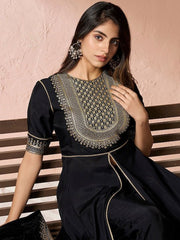 Black Ethnic Motifs Yoke Design Sequinned A-Line Kurta With Trousers & Dupatta - Inddus.com