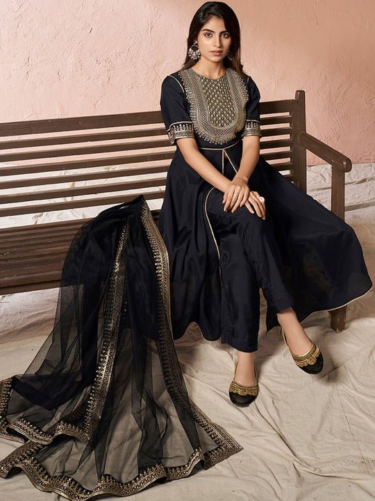 Black Ethnic Motifs Yoke Design Sequinned A-Line Kurta With Trousers & Dupatta - Inddus.com