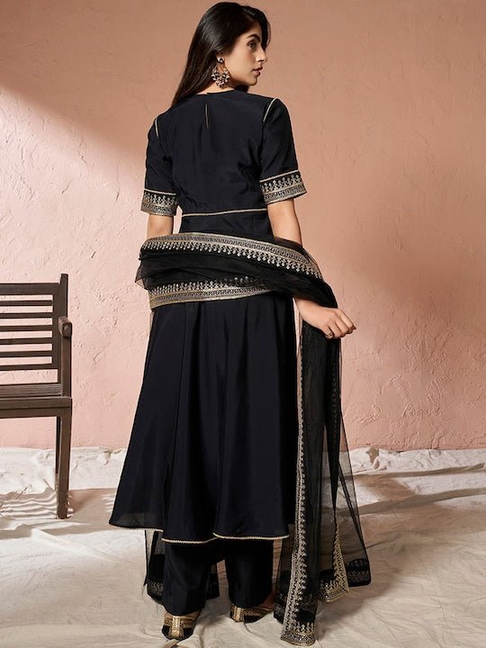 Black Ethnic Motifs Yoke Design Sequinned A-Line Kurta With Trousers & Dupatta - Inddus.com