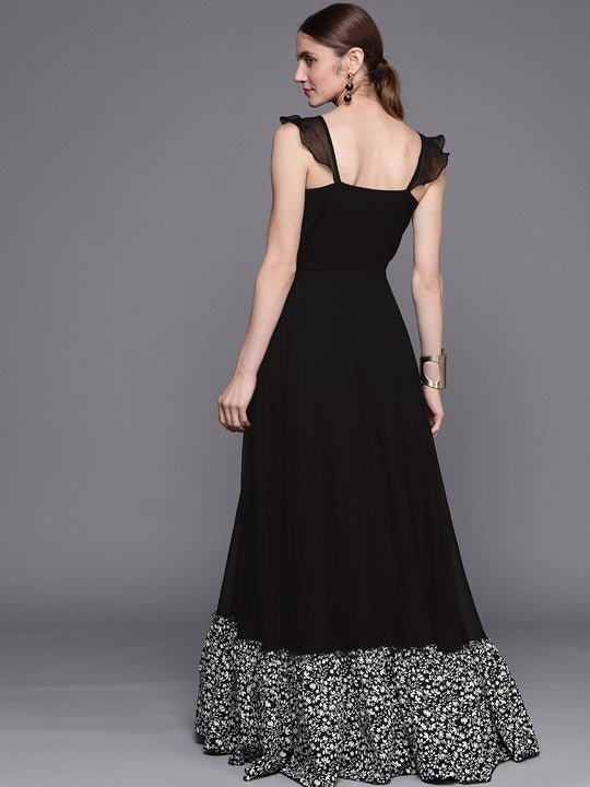 Black Floral Embroidered Georgette Ethnic A-Line Maxi Dress - Inddus.com