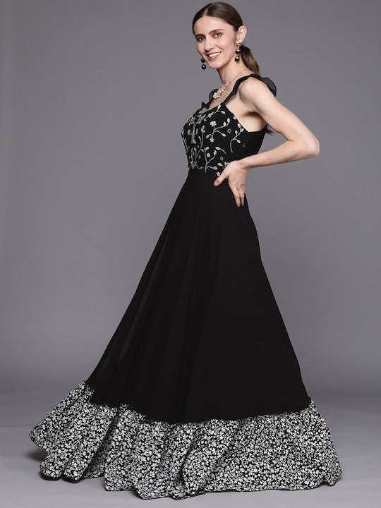 Black Floral Embroidered Georgette Ethnic A-Line Maxi Dress - Inddus.com