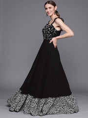 Black Floral Embroidered Georgette Ethnic A-Line Maxi Dress - Inddus.com