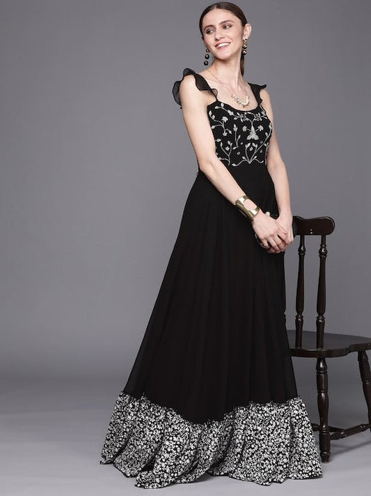 Black Floral Embroidered Georgette Ethnic A-Line Maxi Dress - Inddus.com