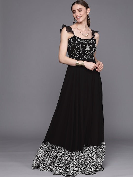 Black Floral Embroidered Georgette Ethnic A-Line Maxi Dress - Inddus.com