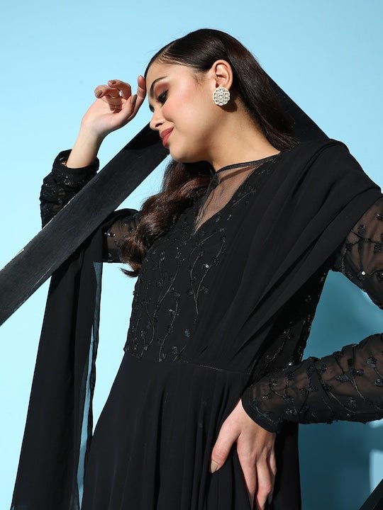 Black Floral Embroidered Georgette Ethnic Gown With Dupatta - Inddus.com