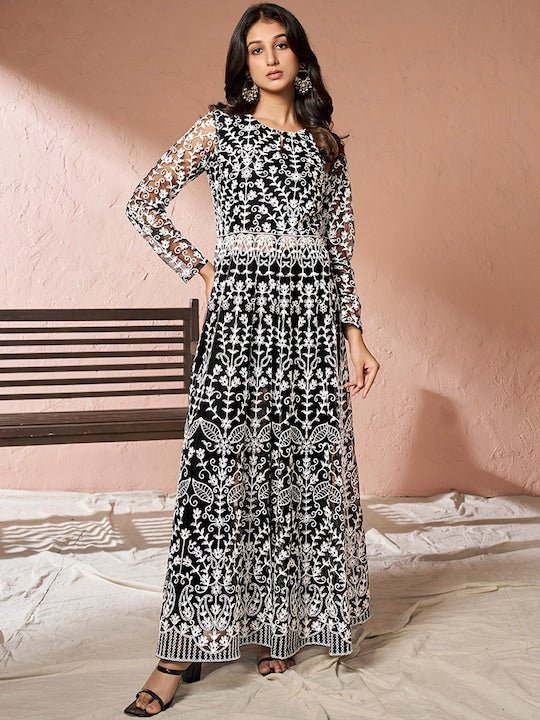 Black Floral Embroidered Net Keyhole Neck High Slit A-Line Kurta & Trousers - Inddus.com