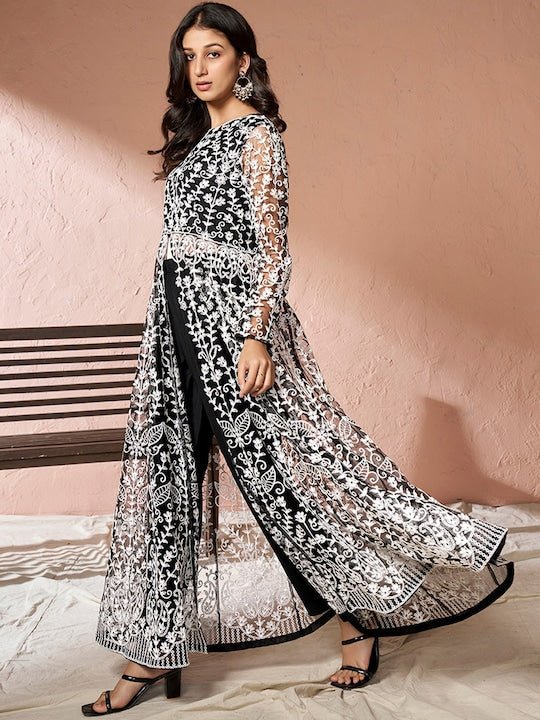 Black Floral Embroidered Net Keyhole Neck High Slit A-Line Kurta & Trousers - Inddus.com