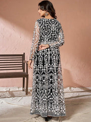 Black Floral Embroidered Net Keyhole Neck High Slit A-Line Kurta & Trousers - Inddus.com