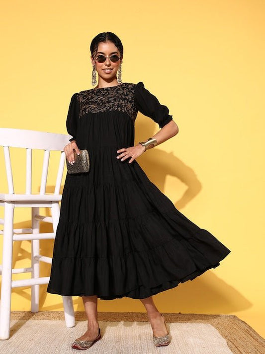 Black Floral Embroidered Puff Sleeves A-Line Midi Dress - Inddus.com