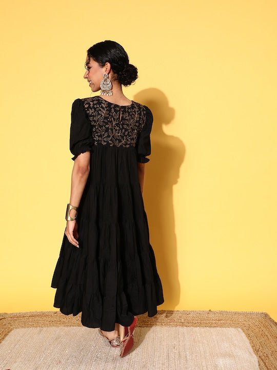 Black Floral Embroidered Puff Sleeves A-Line Midi Dress - Inddus.com