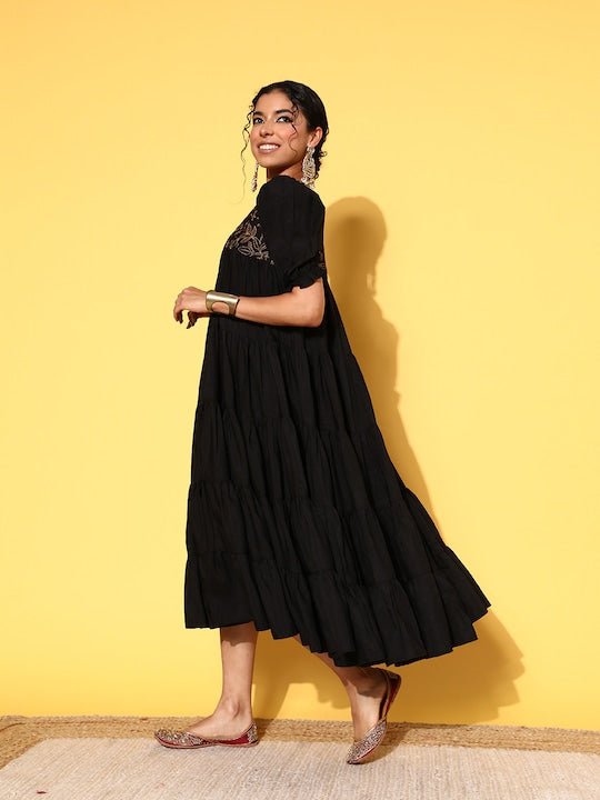 Black Floral Embroidered Puff Sleeves A-Line Midi Dress - Inddus.com