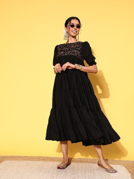 Black Floral Embroidered Puff Sleeves A-Line Midi Dress - Inddus.com