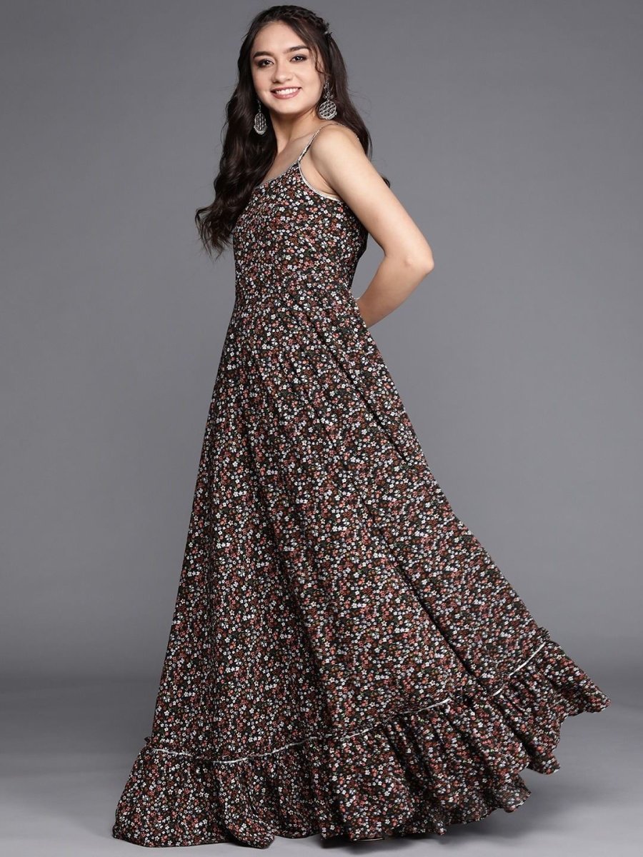 Black Floral Printed Anarkali Kurta with Net Ruffled Dupatta - Inddus.com