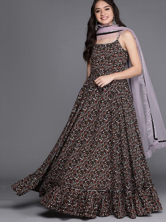 Black Floral Printed Anarkali Kurta with Net Ruffled Dupatta - Inddus.com