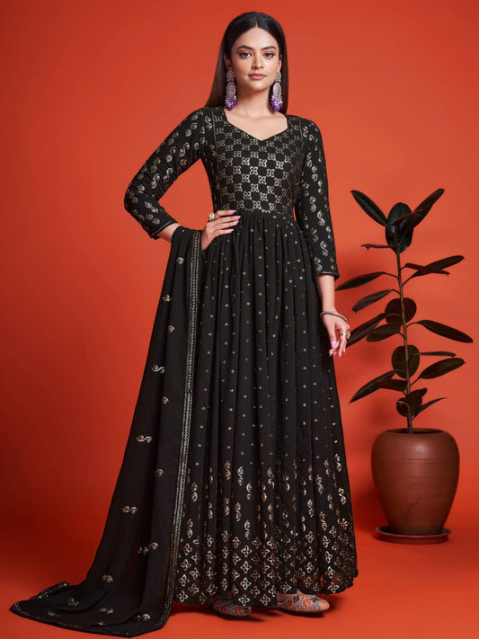 Black Georgette Partywear Anarkali Style Suit - Inddus.com