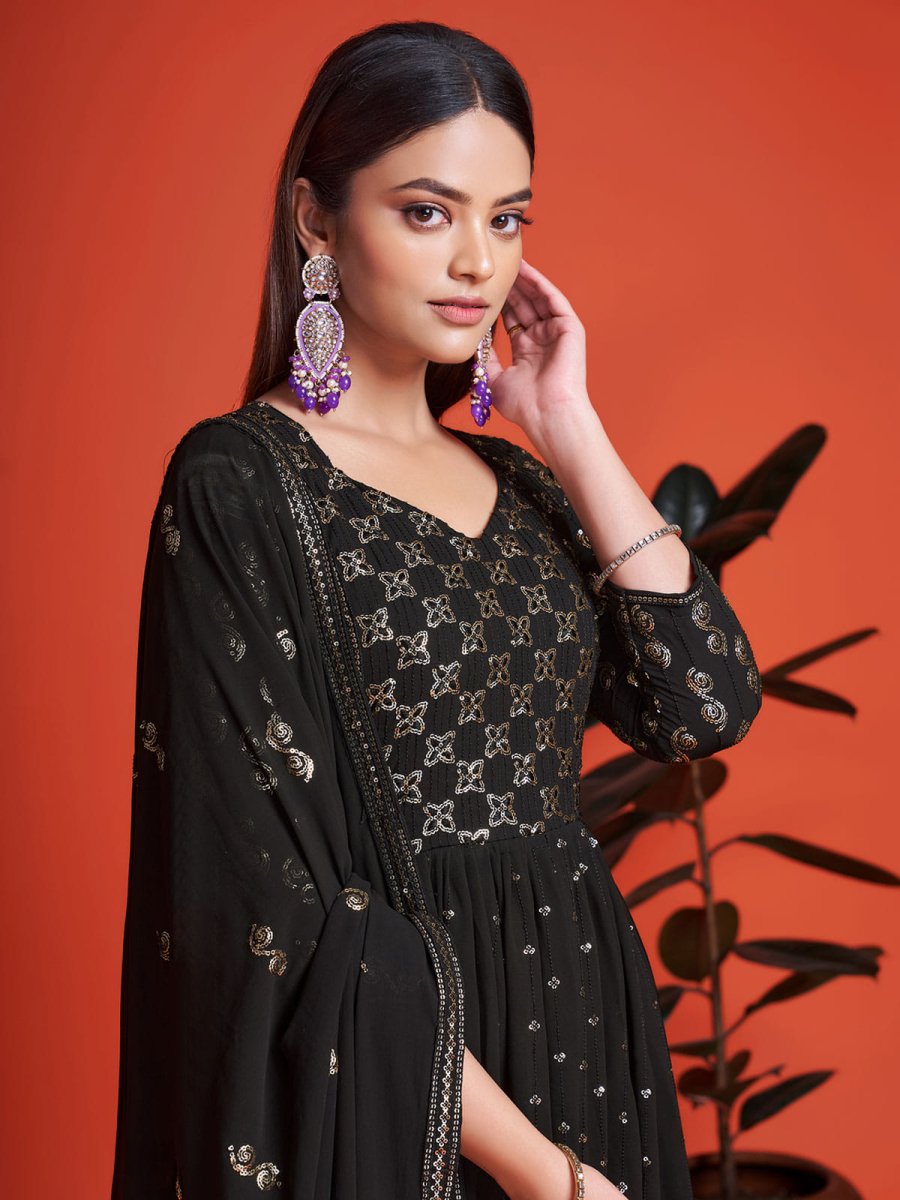 Black Georgette Partywear Anarkali Style Suit - Inddus.com